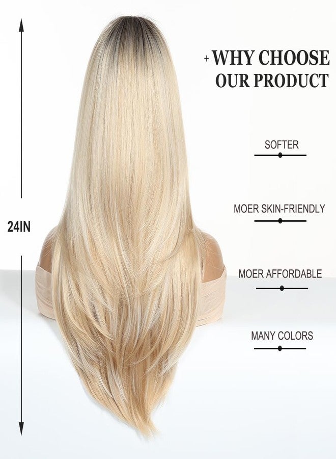 اسمي شعر مستعار إسمي طويل وناعم بلون أشقر متدرج مع غرة، طبقات، للنساء، مريح وجيد التهوية، طبيعي وواقعي، مناسب للحفلات، طوله 24 بوصة - Image 4